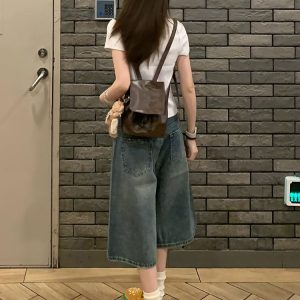 High-Waisted American Retro Denim Shorts for Women - Loose Wide-Leg Straight-Leg Summer Fashion, 90s Style, Mid-Length