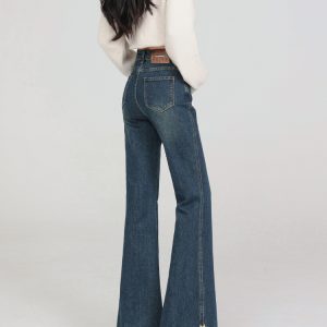 High-Waisted American Retro Side-Slit Micro-Flare Jeans for Women, Slimming Bell-Bottom Pants, Petite Spring 2025 Fashion