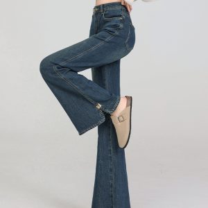 High-Waisted American Retro Side-Slit Micro-Flare Jeans for Women, Slimming Bell-Bottom Pants, Petite Spring 2025 Fashion