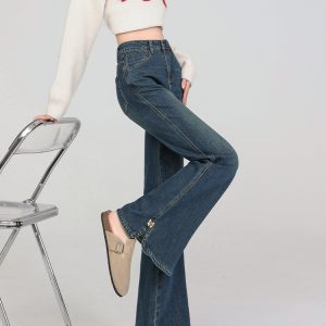 High-Waisted American Retro Side-Slit Micro-Flare Jeans for Women, Slimming Bell-Bottom Pants, Petite Spring 2025 Fashion