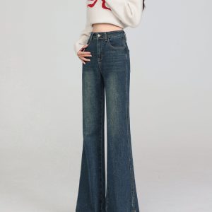 High-Waisted American Retro Side-Slit Micro-Flare Jeans for Women, Slimming Bell-Bottom Pants, Petite Spring 2025 Fashion