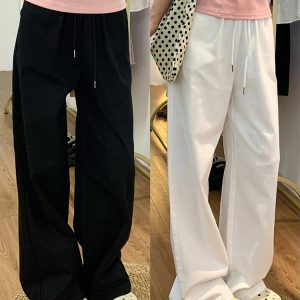 High-Waisted Black Drawstring Wide-Leg Casual Pants for Women - Loose-Fitting Slimming Summer Style, Versatile Thin Sports Trousers