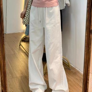 High-Waisted Black Drawstring Wide-Leg Casual Pants for Women - Loose-Fitting Slimming Summer Style, Versatile Thin Sports Trousers