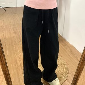 High-Waisted Black Drawstring Wide-Leg Casual Pants for Women - Loose-Fitting Slimming Summer Style, Versatile Thin Sports Trousers