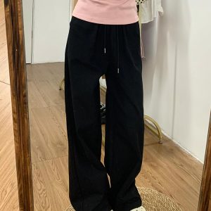 High-Waisted Black Drawstring Wide-Leg Casual Pants for Women - Loose-Fitting Slimming Summer Style, Versatile Thin Sports Trousers