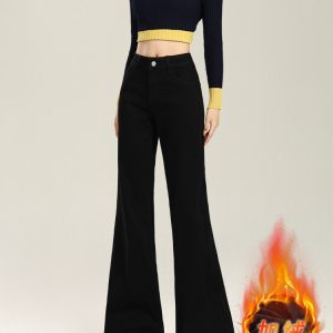 High-Waisted Black Flared Jeans for Women, Plush Lined, Loose Fit, Stretchy, Flattering, Autumn Winter Fashion Essentials