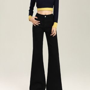 High-Waisted Black Flared Jeans for Women, Plush Lined, Loose Fit, Stretchy, Flattering, Autumn Winter Fashion Essentials