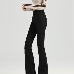 High-Waisted Black Fleece-Lined Flared Jeans for Women, Slimming Petite Fit, 2024 Autumn Winter Bell-Bottom Pants