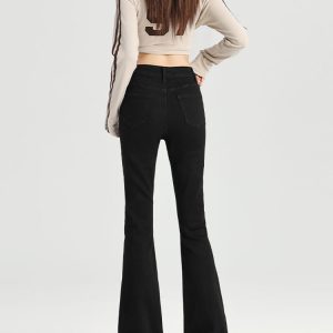 High-Waisted Black Fleece-Lined Flared Jeans for Women, Slimming Petite Fit, 2024 Autumn Winter Bell-Bottom Pants