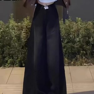 High-Waisted Black Frayed Wide-Leg Jeans for Women - Flattering Loose Fit, Summer Style, Slightly Flared Straight-Leg Pants