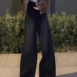 High-Waisted Black Frayed Wide-Leg Jeans for Women - Flattering Loose Fit, Summer Style, Slightly Flared Straight-Leg Pants
