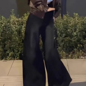 High-Waisted Black Frayed Wide-Leg Jeans for Women - Flattering Loose Fit, Summer Style, Slightly Flared Straight-Leg Pants