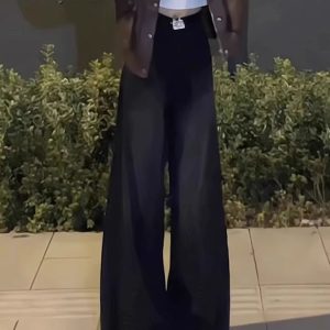 High-Waisted Black Frayed Wide-Leg Jeans for Women - Flattering Loose Fit, Summer Style, Slightly Flared Straight-Leg Pants
