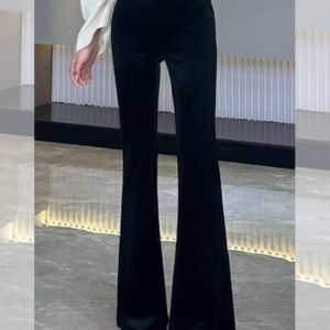 High-Waisted Black Lace-Trimmed Flared Pants for Women - Elegant Casual Slim Fit Floor-Length Summer 2025 Fashion
