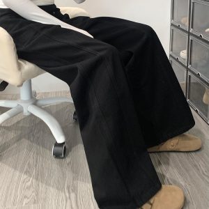 High-Waisted Black Patchwork Wide-Leg Jeans for Women - Loose-Fitting, Slimming, Versatile Summer Style