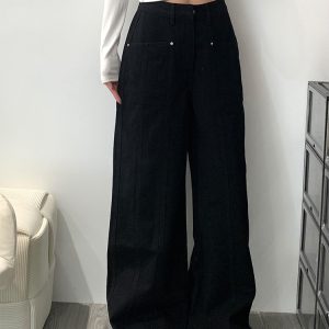 High-Waisted Black Patchwork Wide-Leg Jeans for Women - Loose-Fitting, Slimming, Versatile Summer Style