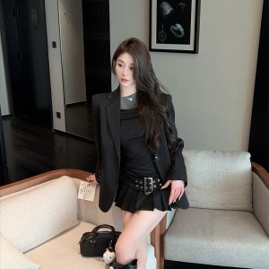 High-Waisted Black Pleated Skirt with Belt - Slim A-Line Summer Mini Skirt - Sexy Korean Style Fashion