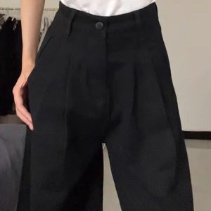 High-Waisted Black Pleated Wide-Leg Jeans for Women - Summer Slimming Loose-Fitting Versatile Straight-Leg Pants