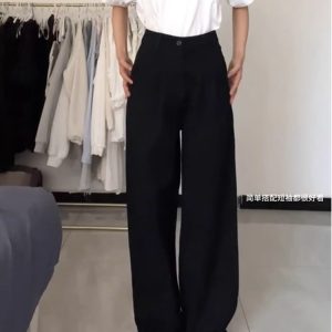 High-Waisted Black Pleated Wide-Leg Jeans for Women - Summer Slimming Loose-Fitting Versatile Straight-Leg Pants