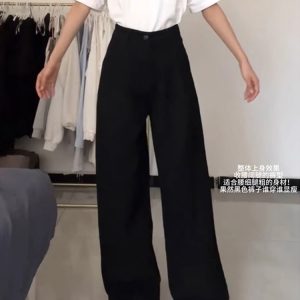 High-Waisted Black Pleated Wide-Leg Jeans for Women - Summer Slimming Loose-Fitting Versatile Straight-Leg Pants
