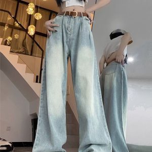 High-Waisted Black Pleated Wide-Leg Jeans for Women - Summer Slimming Loose-Fitting Versatile Straight-Leg Pants