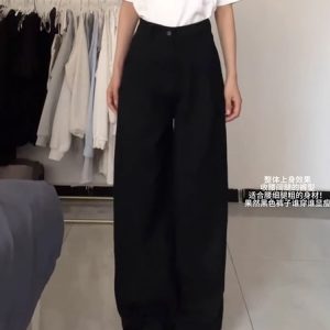 High-Waisted Black Pleated Wide-Leg Jeans for Women - Summer Slimming Loose-Fitting Versatile Straight-Leg Pants