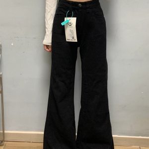 High-Waisted Black Wide-Leg Flared Jeans for Women - 2025 Summer Loose Fit Bell-Bottom Pants