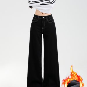 High-Waisted Black Wide-Leg Jeans for Women - Fleece-Lined, Loose Fit, Petite, Stretchy, 2024 Autumn Winter Fashion