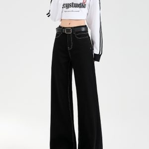 High-Waisted Black Wide-Leg Jeans for Women - Fleece-Lined, Loose Fit, Petite, Stretchy, 2024 Autumn Winter Fashion