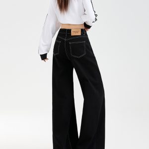 High-Waisted Black Wide-Leg Jeans for Women - Fleece-Lined, Loose Fit, Petite, Stretchy, 2024 Autumn Winter Fashion