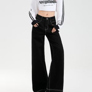 High-Waisted Black Wide-Leg Jeans for Women - Fleece-Lined, Loose Fit, Petite, Stretchy, 2024 Autumn Winter Fashion