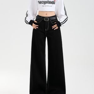 High-Waisted Black Wide-Leg Jeans for Women - Fleece-Lined, Loose Fit, Petite, Stretchy, 2024 Autumn Winter Fashion