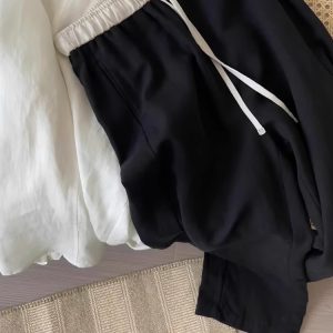 High-Waisted Black Wide-Leg Pants for Women, Casual Draped Elastic Waist Loose Fit Summer 2025 Fashion