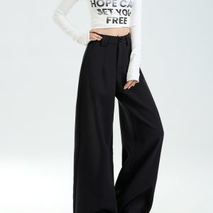 High-Waisted Black Wide-Leg Trousers for Women, Plush Loose-Fitting Straight-Leg Casual Pants for Autumn Winter 2024