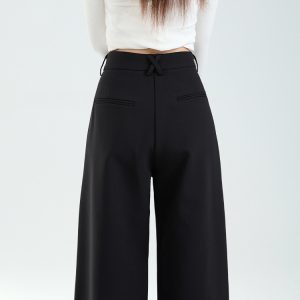 High-Waisted Black Wide-Leg Trousers for Women, Plush Loose-Fitting Straight-Leg Casual Pants for Autumn Winter 2024