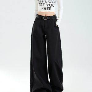 High-Waisted Black Wide-Leg Trousers for Women, Plush Loose-Fitting Straight-Leg Casual Pants for Autumn Winter 2024