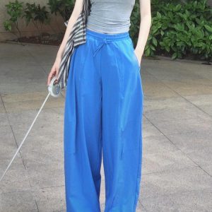 High-Waisted Blue Drawstring Casual Pants for Women - Versatile Wide-Leg Summer 2025 Style