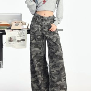 High-Waisted Cargo Wide-Leg Camouflage Jeans for Women - American High Street Style, Loose-Fit Casual Pants for Autumn 2024