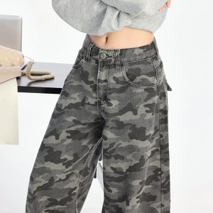 High-Waisted Cargo Wide-Leg Camouflage Jeans for Women - American High Street Style, Loose-Fit Casual Pants for Autumn 2024