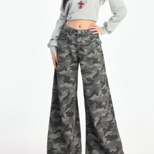 High-Waisted Cargo Wide-Leg Camouflage Jeans for Women - American High Street Style, Loose-Fit Casual Pants for Autumn 2024