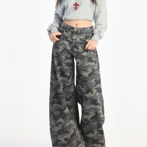 High-Waisted Cargo Wide-Leg Camouflage Jeans for Women - American High Street Style, Loose-Fit Casual Pants for Autumn 2024