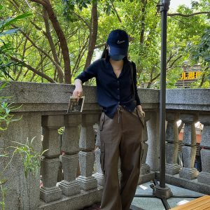High-Waisted Coffee Color Wide-Leg Casual Pants for Women | Loose Fit Pure Cotton Workwear | Autumn 2022 Fashion