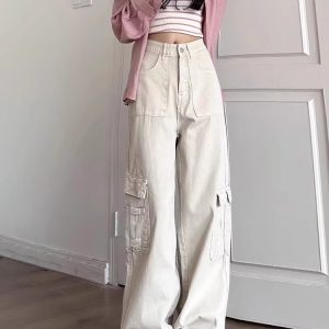 High-Waisted Dark Gray Wide-Leg Denim Work Pants for Women, Vintage Loose-Fitting Summer Style with Large Pockets