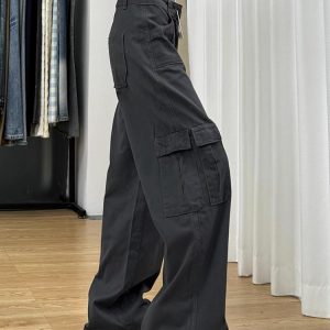 High-Waisted Dark Gray Wide-Leg Denim Work Pants for Women, Vintage Loose-Fitting Summer Style with Large Pockets