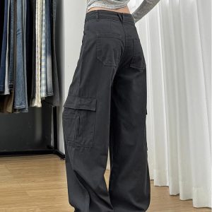 High-Waisted Dark Gray Wide-Leg Denim Work Pants for Women, Vintage Loose-Fitting Summer Style with Large Pockets