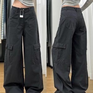 High-Waisted Dark Gray Wide-Leg Denim Work Pants for Women, Vintage Loose-Fitting Summer Style with Large Pockets