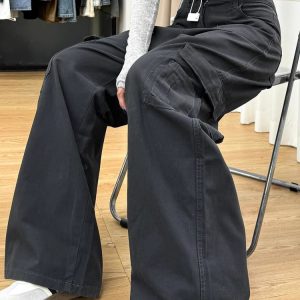 High-Waisted Dark Gray Wide-Leg Denim Work Pants for Women, Vintage Loose-Fitting Summer Style with Large Pockets