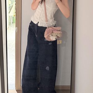 High-Waisted Deep Blue Wide-Leg Jeans for Women - Loose Draped American Style Summer Pants 2025