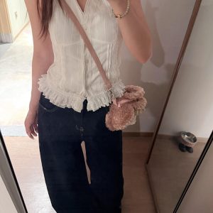 High-Waisted Deep Blue Wide-Leg Jeans for Women - Loose Draped American Style Summer Pants 2025