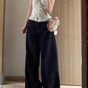 High-Waisted Deep Blue Wide-Leg Jeans for Women - Loose Draped American Style Summer Pants 2025